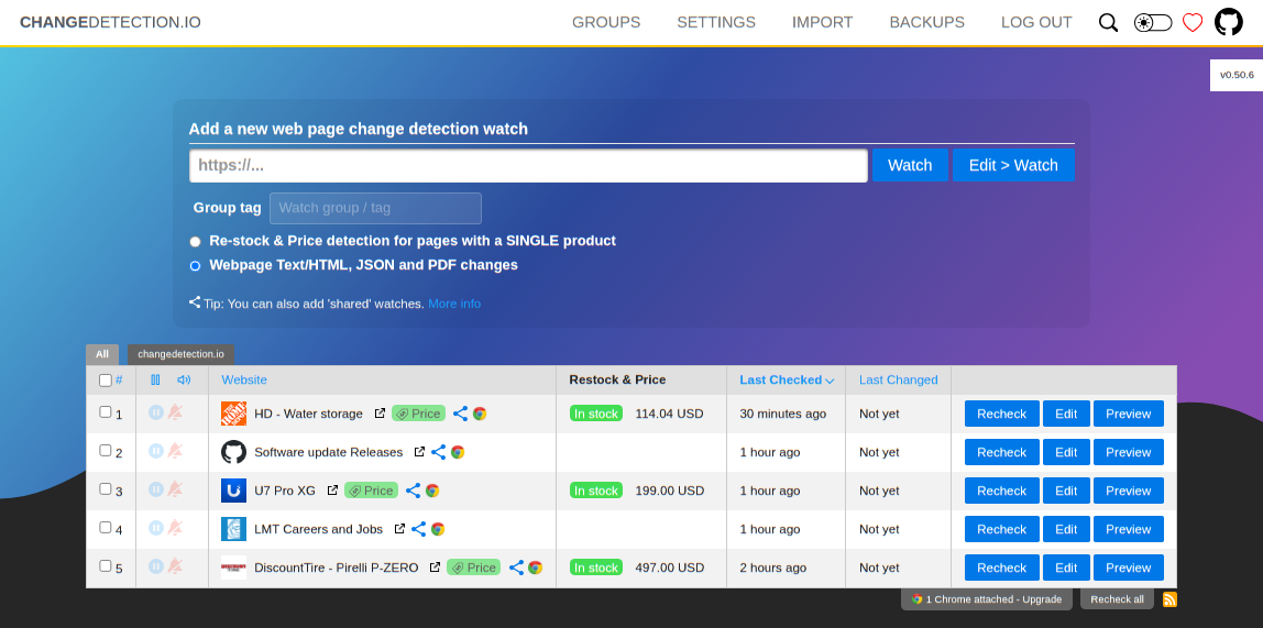 changedetection.io 界面截图