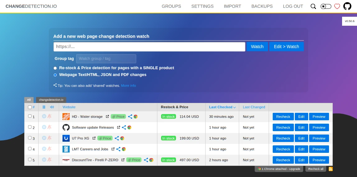 changedetection.io 界面截图
