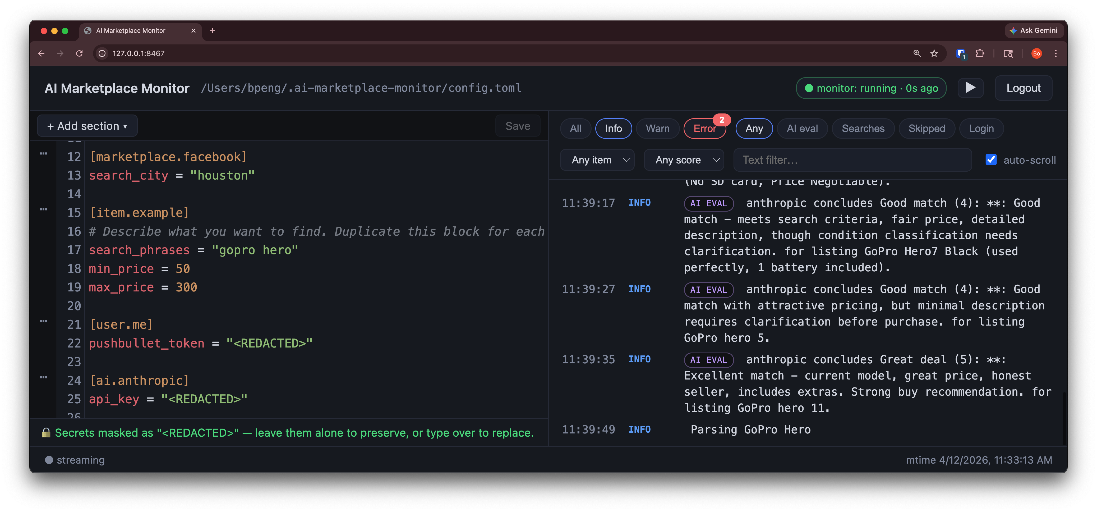 ai-marketplace-monitor 界面截图