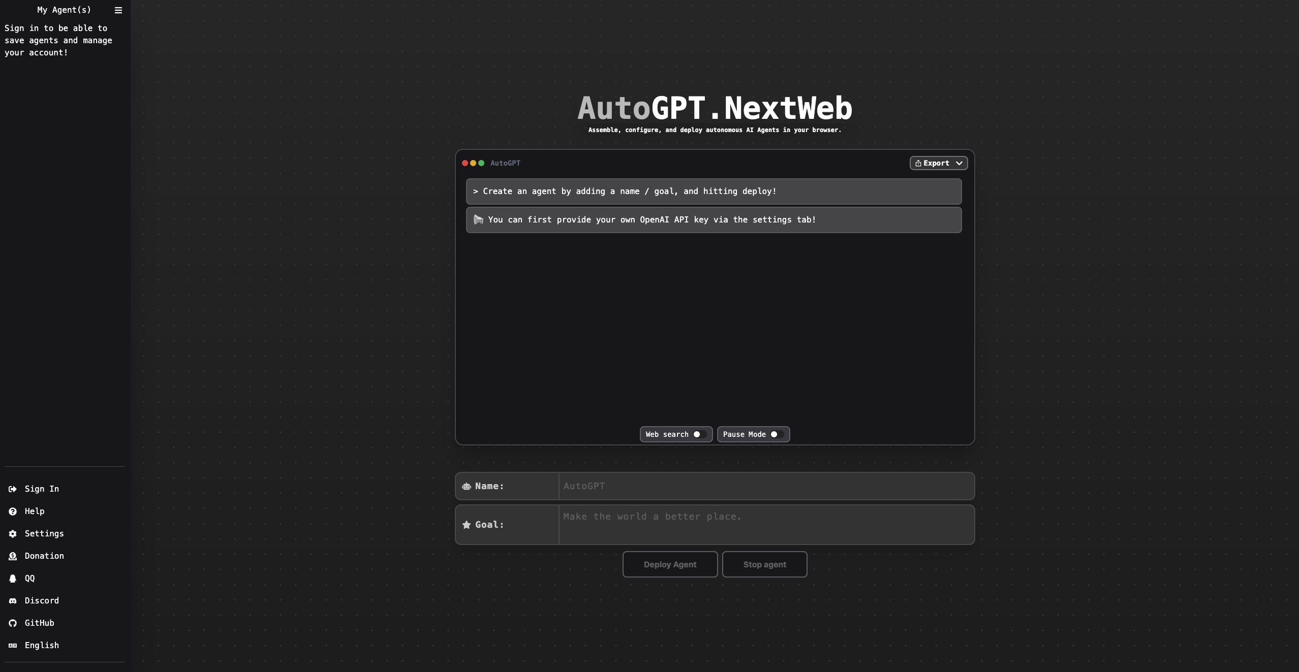 AutoGPT-Next-Web 界面截图