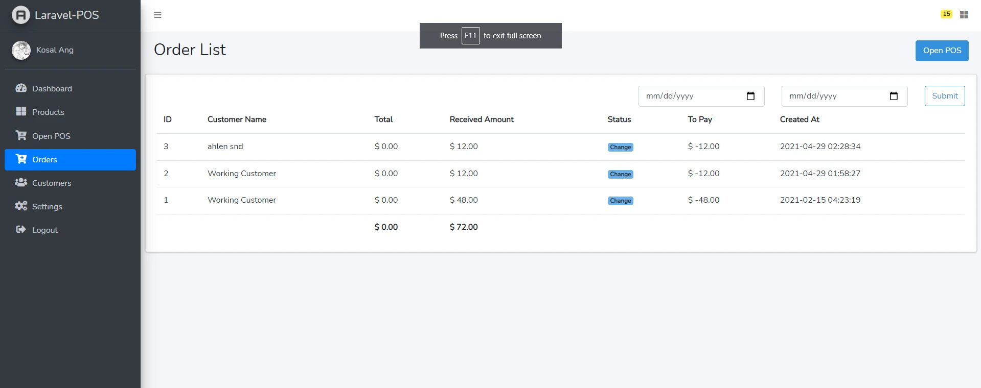 laravel-pos 界面截图