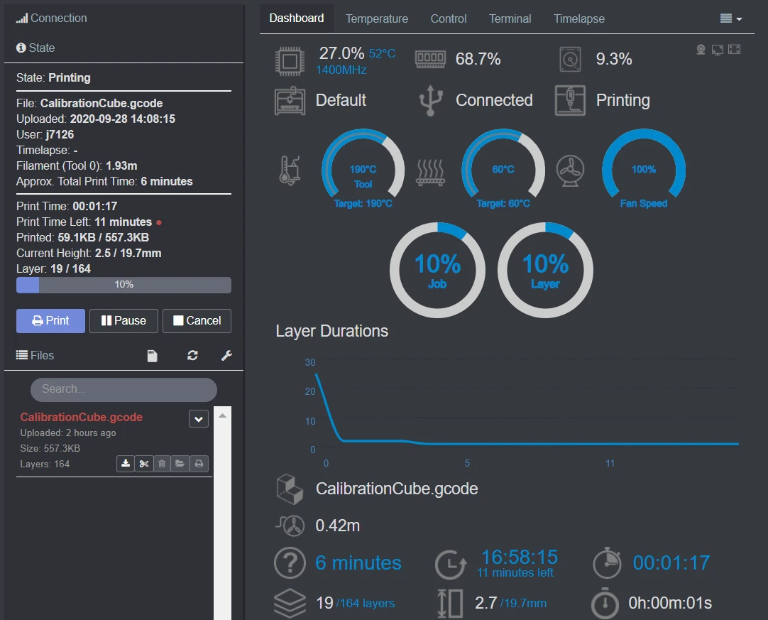 OctoPrint-Dashboard 界面截图